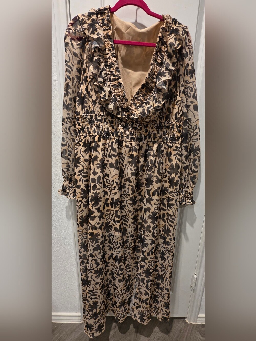 Sheer Floral Ruffled Deep V-Neck Long Sleeve Dress